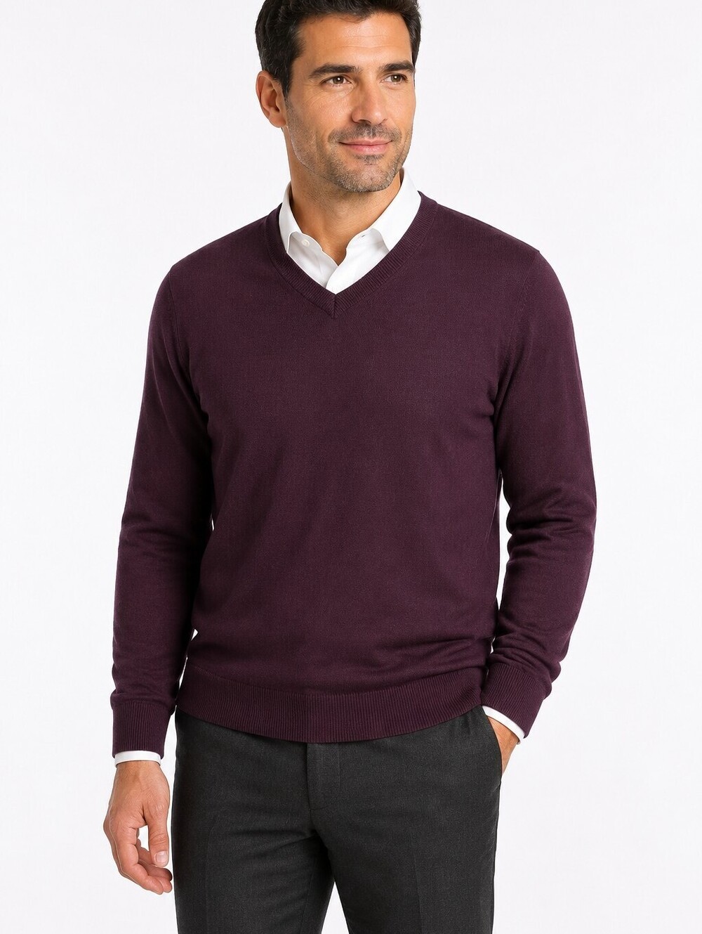 Jos A Bank Traveler Menβs Burgundy 100% Merino Wool V-Neck Sweater - Large